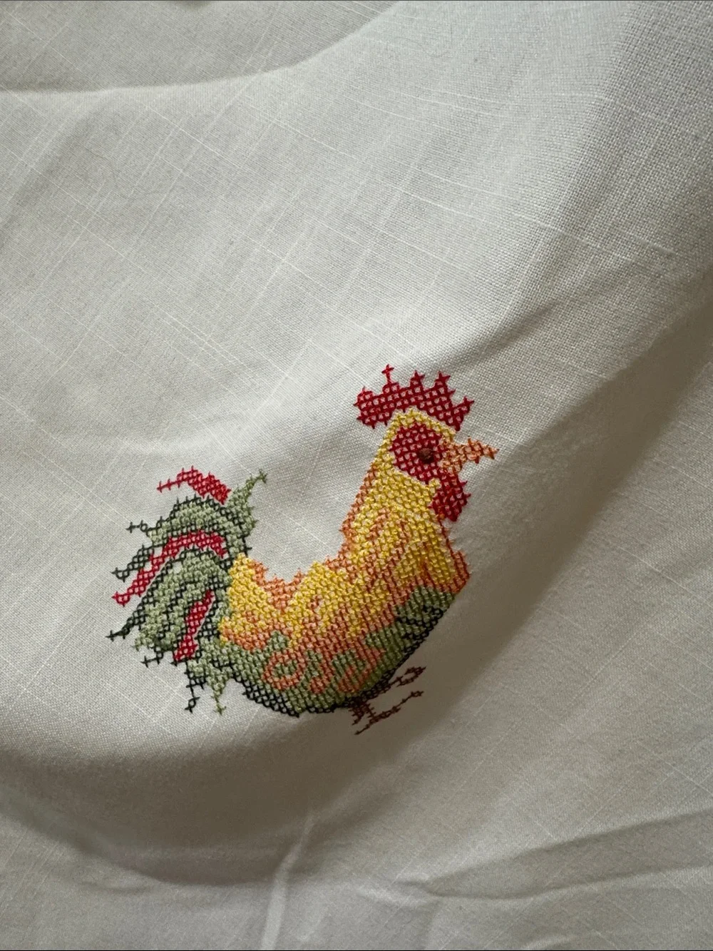 White Rooster Embroidered Tablecloth with Yellow Stripe Border